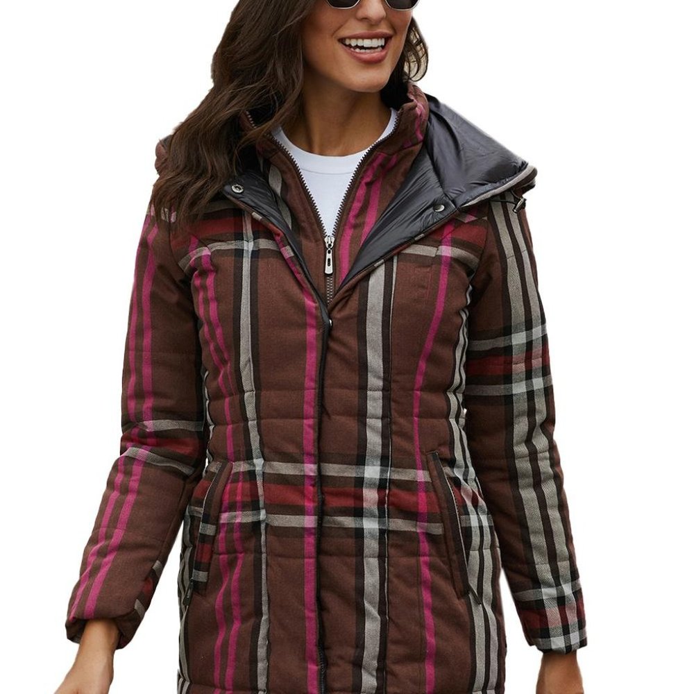 Brown Vintage Plaid Cotton Quilted Trench Coat - Picture 2 of 7